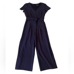 Navy belted wide leg jumpsuit V-neck by Connected apparel sophisticated style 12